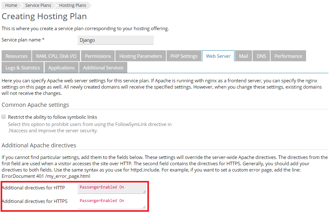 Plesk + django hosting - screenshot 2 - additional directives for http and https