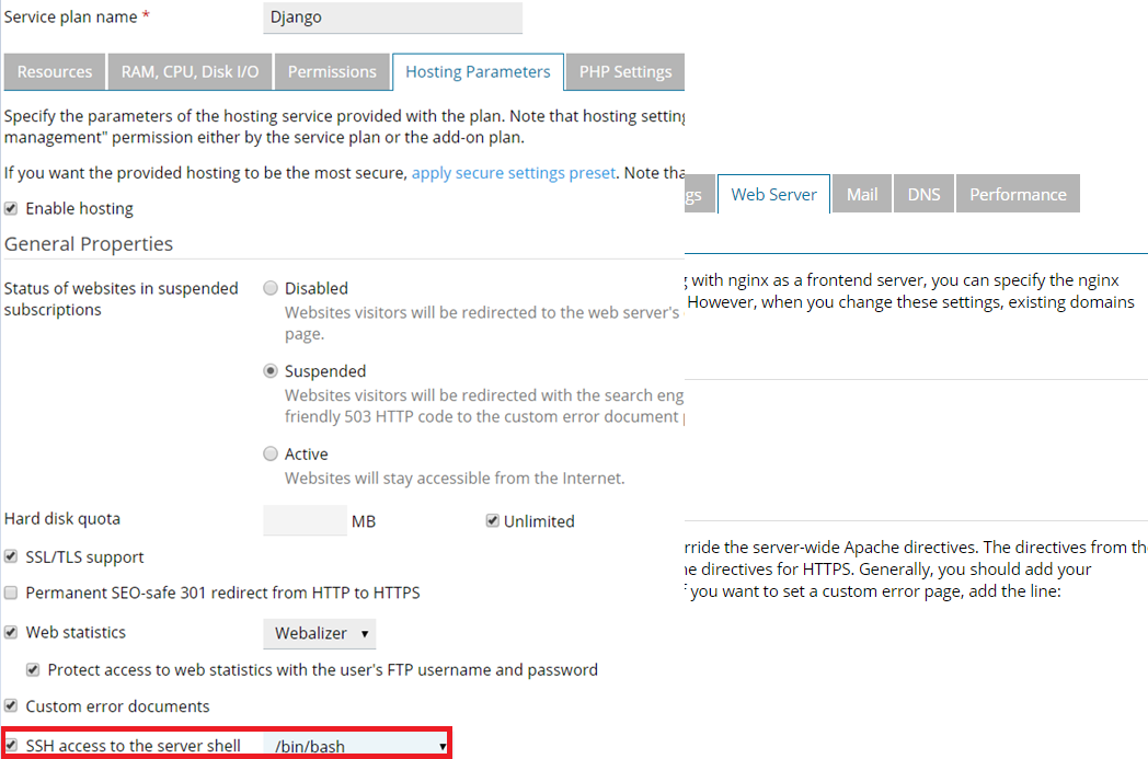 Plesk + django hosting - screenshot 3 - ssh access to the server shell enabked