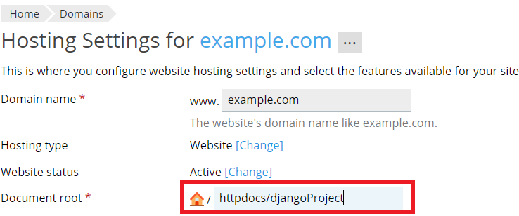 Plesk + django hosting - screenshot 4 - change domain document root