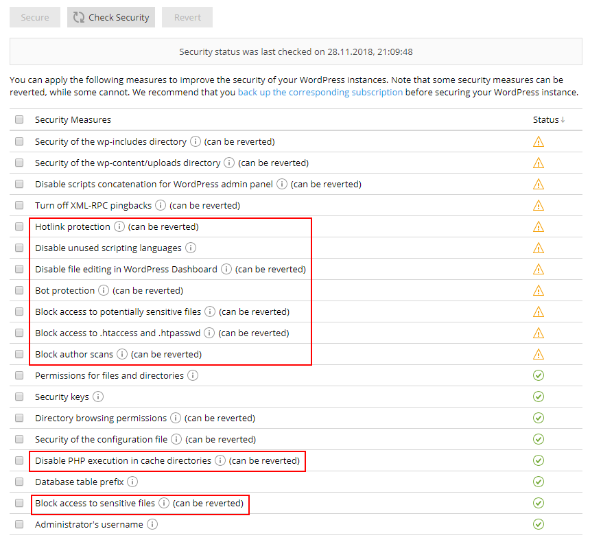 New Plesk WordPress Toolkit 3.5 Screenshot 2 - new security measures list