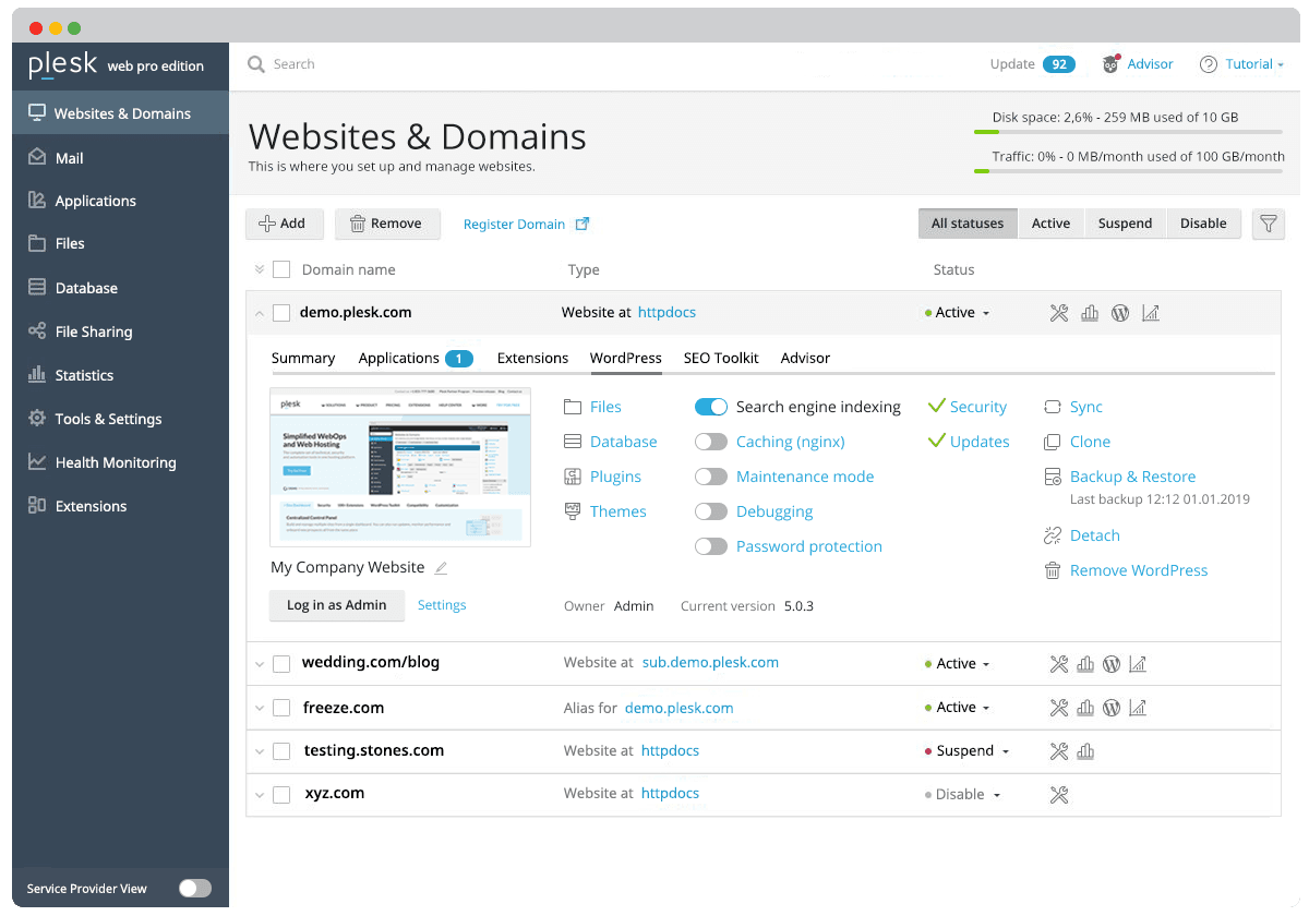 Managed WordPress Services panel on Plesk Obsidian