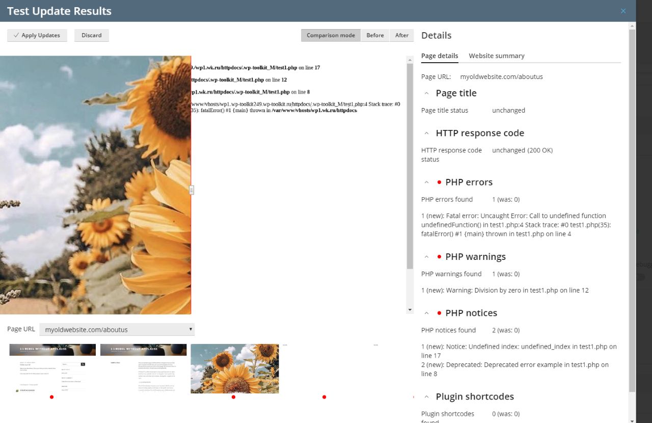 WordPress Toolkit 4.3 - Smart Updates - Test updates results - page details