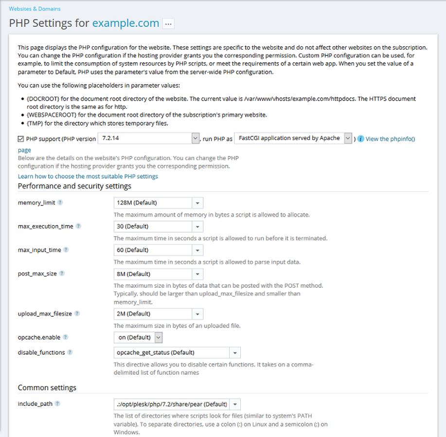 plesk obisidian- php settings