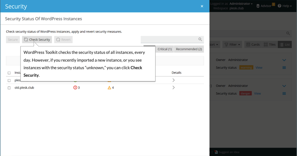 wordpress toolkit - security - Plesk