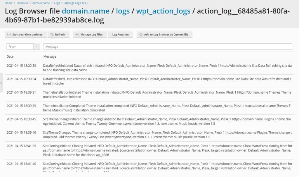 WordPress Toolkit 5.4 Release - WordPress Toolkit Action Log 2 - Plesk