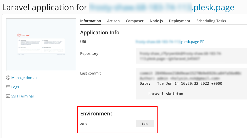 Laravel application configuration file with the information