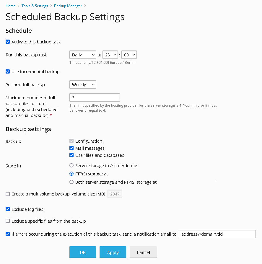 backup scheduler Plesk