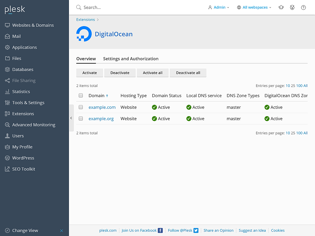 DigitalOcean DNS extension Plesk